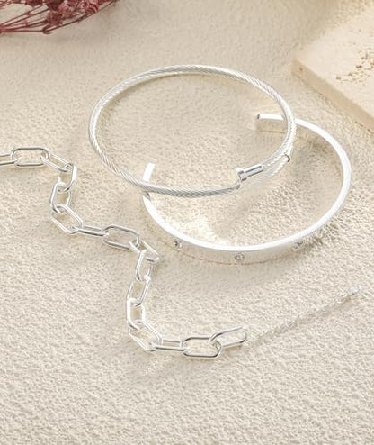ZOERAY Silver Gold Bangle Bracelets for Women Non Tarnish 14k Gold Plated Stackable Cuff Bracelets for Women Trendy Cubic Zirconia Stainless Steel Chunky Bracelet Stack Set Waterproof Jewelry Gifts - color: E.Paperclip-Silver