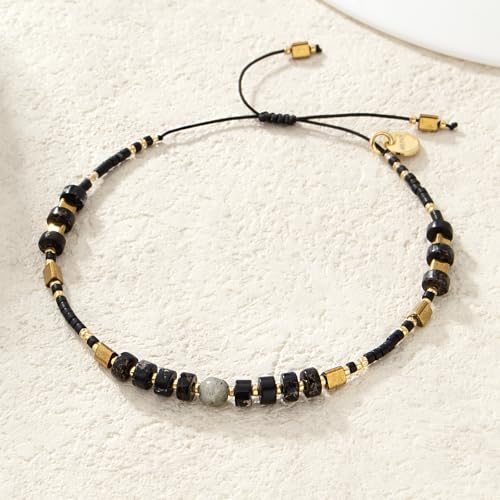 KELITCH Crystal Agate Friendship Bracelet Handmade Seed Beads Adjustable Bracelets for Women - color: Black