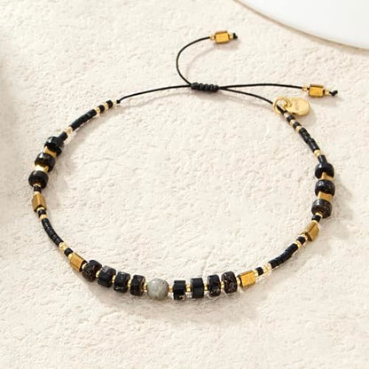 KELITCH Crystal Agate Friendship Bracelet Handmade Seed Beads Adjustable Bracelets for Women - color: Black
