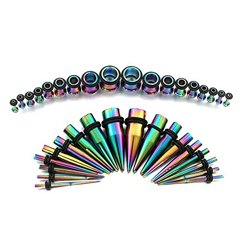 vcmart 14G-00G 36 pcs Ear Gauges Stretching Kit Tapers Plugs Eyelets Implant Grade Steel - color: Rainbow