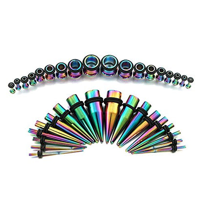vcmart 14G-00G 36 pcs Ear Gauges Stretching Kit Tapers Plugs Eyelets Implant Grade Steel - color: Rainbow