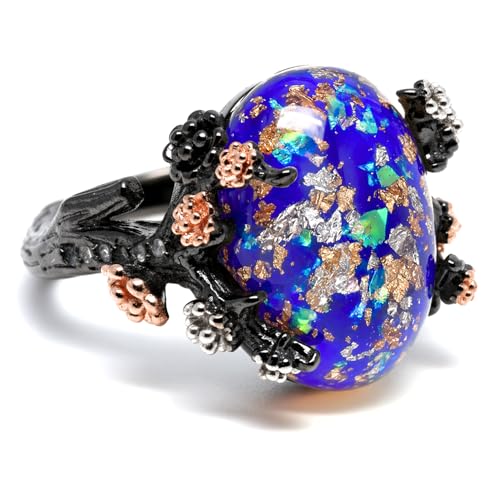 Henrietta Gothic Opal Ring for Women, Fantasy Promise Ring by Ginger Lyne | Simulated White Fire Opal, Cubic Zirconia Black Rose Gold Plated Bold Jewelry Statement Piece For Engagements, Gifts & Events - color: Blue
