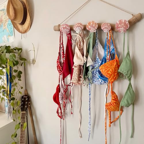Novabright 16 Inch Bikini Hanger for Wall Seashell Bikini Rack Wall Mounted Swimsuit Organizer with Seashell Accents Coastal Swimwear Storage Rack for Beach Bathrooms Closets Vacation Homes - style: Classic Coastal