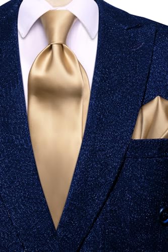 Hi-Tie Men's Silk Ties Formal Woven Classic Necktie Pocket Square Cufflinks Lapel Pin Set Wedding Business - color: Champagne Gold