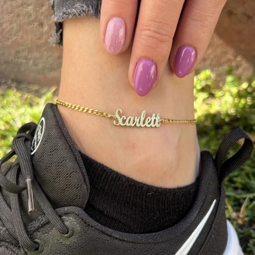 Custom Ankle for Women for Women 18K Gold Plated Adjustable Name Anklet Customized Beach Anklet Gifts - color: Name Anklet with Cuban Chain