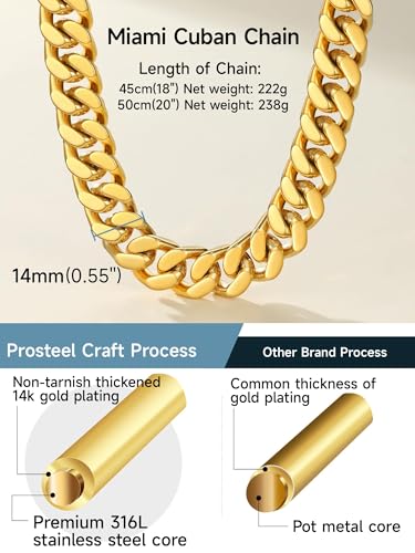 PROSTEEL Chunky Cuban Link Curb Chain Necklace for Women Men, Stainless Steel Choker Thick Trendy Statement Hip Hop Miami Cuban Chain Jewelry Gifts Unisex Size,5/12/14mm Widths,18"/20" - color: 14mm-Gold, size: 18inches