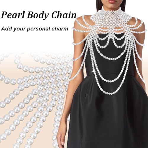 AHANDMAKER 1PC Pearl Body Chain Adjustable Shoulder Necklace White Bra Jewelry Plastic Beaded Chain for Women Party Wedding Backless Dress Costume Decoration 13.86-16.02 Inch