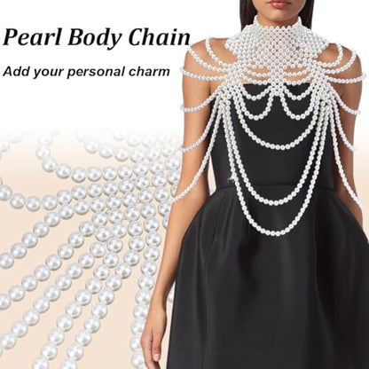 AHANDMAKER 1PC Pearl Body Chain Adjustable Shoulder Necklace White Bra Jewelry Plastic Beaded Chain for Women Party Wedding Backless Dress Costume Decoration 13.86-16.02 Inch