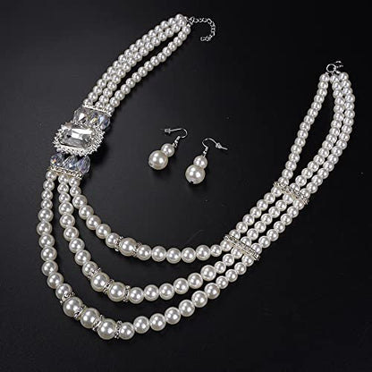 Aimimier 1920s 3-layered White Faux Pearl Necklace and Earrings Set with Crystal and Rhinestone Bridal Long Pearl Necklace Statement Women Jewelry - color: Crystal