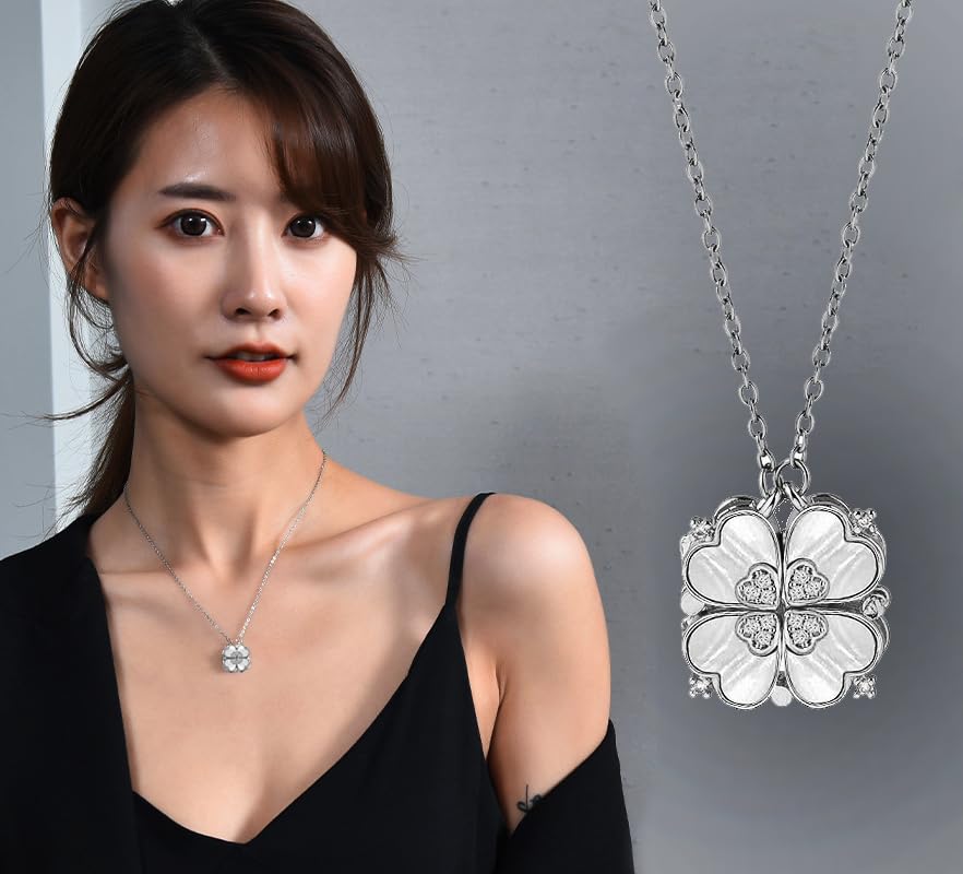 Four Leaf Clover Necklace Foldable for Women,Four Heart Grass Women's Necklaces Crocker,Retro Magnetic Folding Love Heart Pendant One Style,Two Wearing Methods - color: Silver
