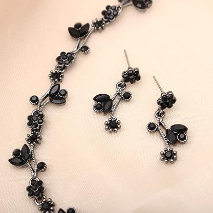 Elegant Brides Austrian Crystal Flower Choker Necklace Drop Dangle Earring Bracelet Wedding Jewelry Set for Bridesmaid Prom Costume Jewelry Set for Women - color: Black-Jet