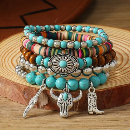 LOTSOF Western Turquoise Beaded Bracelet, Chic Stack Beaded Western Style for Country Concerts, Cowgirl Outfits & Boho Jewelry - color: Bull Head Style 5PCS