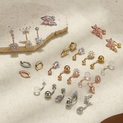 Dochais Pink Heart Belly Button Ring Piercing 8Pcs 14G Surgical Stainless Steel Navel Piercing Hypoallergenic Cute Created-opal Butterfly Belly Button Rings for Women - color: Silver-1