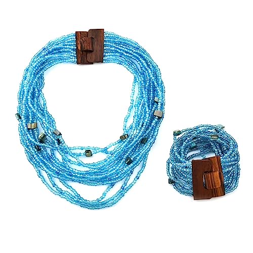 Shop LC Seed Bead Necklace Bracelet Set Boho Jewelry for Women | Multi Layered Boho, Wooden Clasp, 18 Inch Necklace, Stretchable Bracelet - color: Blue