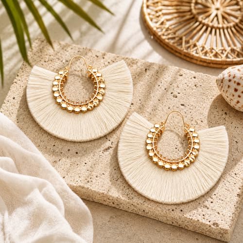 Tassel Hoop Earring Statement Thread Dangle Earrings Stylish Long Fringe Drop Earrings Lightweight Long Swingy French Hook Earrings for Women - color: C White