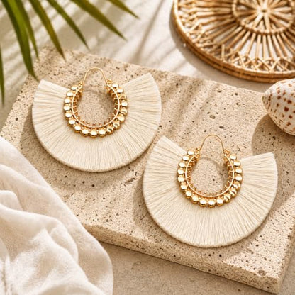 Tassel Hoop Earring Statement Thread Dangle Earrings Stylish Long Fringe Drop Earrings Lightweight Long Swingy French Hook Earrings for Women - color: C White