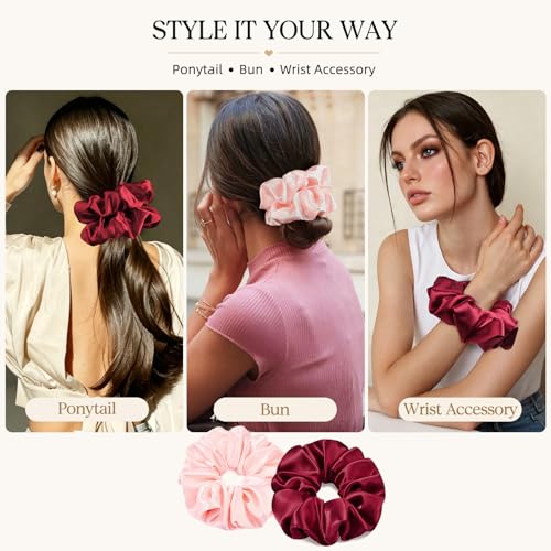 2 PCS Burgundy Pink Jumbo Satin Silky Scrunchies 6.5 Inches Oversized Scrunchie Extra Large Big Hair Ties Ponytail Holder for Thick Curly Hair Women (Burgundy, Pink) - color: Burgundy, Pink