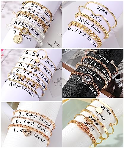 IFKM 6 PACK (24 PCS) Boho Gold Chain Bracelets Set for Women, 14K Gold Plated Multiple Layered Stackable Open Cuff Wrap Bangle Adjustable Link Italian Cuban Jewelry for Women Gift - style: 27PCS Gold Thin Chain