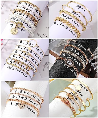 IFKM 6 PACK (24 PCS) Boho Gold Chain Bracelets Set for Women, 14K Gold Plated Multiple Layered Stackable Open Cuff Wrap Bangle Adjustable Link Italian Cuban Jewelry for Women Gift - style: 27PCS Gold Thin Chain