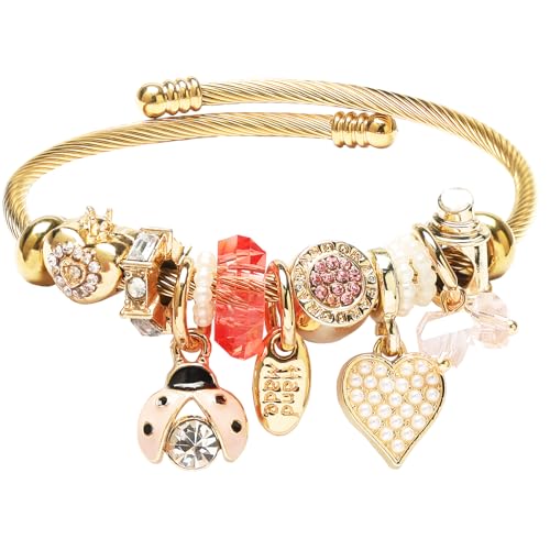 DS Charm Bracelets for girls,exquisite cute cartoon gold friendship bracelets Stainless Steel Bangle with birthday Gift box, Adjustable girls jewelry Suitable for holiday gifts - style: Gold-Beetles
