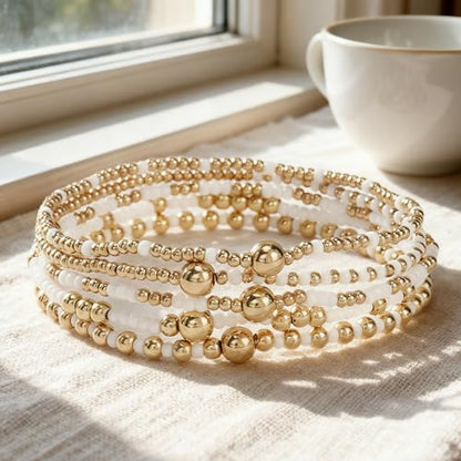 Gold Small Ball Seed Bead Stackable Bracelets Set For Women, Stretch Accessories Handmade Dainty, Daily Party Friendship Gift - color: White