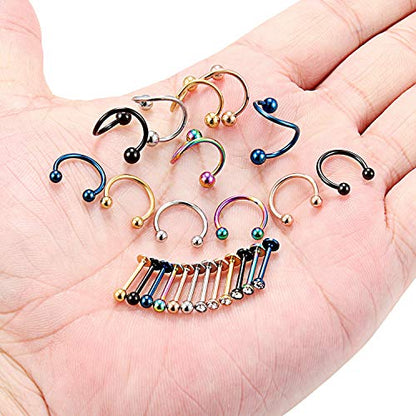 16G Spiral Lip Rings Hoops 316L Surgical Steel Cartilage Helix Tragus Earring Lip Eyebrow Labret Septum Smiley Rings Hoop Piercing Jewelry 8mm 10mm - color: F:24pcs 10MM Mix Color