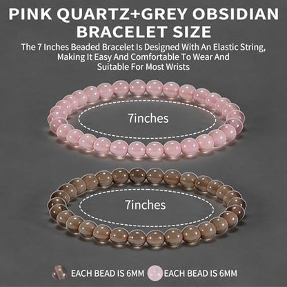 2PCS Agate Bracelet for Women Men Natural Round Beaded Agates Stone Healing Stretch Bracelets Elastic Handmade Polished Gemstone Beads Bracelet - color: Grey+Pink Quartz, size: 6mm Beads