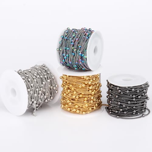 33FT 2mm Gunmetal Black Satellite Bead Chains Roll Bulk for Jewelry Making | 304 Stainless Steel Black Ball Beaded Twisted Curb Link Chains Spool for DIY Craft - color: Black Big Beads Satellite Curb Chain