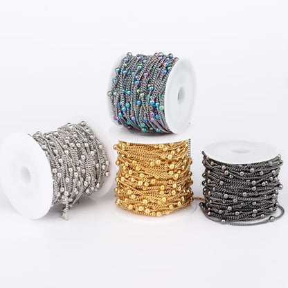 33FT 2mm Gunmetal Black Satellite Bead Chains Roll Bulk for Jewelry Making | 304 Stainless Steel Black Ball Beaded Twisted Curb Link Chains Spool for DIY Craft - color: Black Big Beads Satellite Curb Chain
