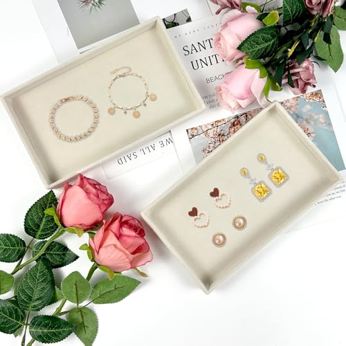 12 Pack Velvet Jewelry Trays, 8.3x5x1 Inches Premium Stackable Jewelry Drawers Organizer Inserts for Women Girls, Beige Jewelry Storage Display Trays for Necklace Earring Ring Bracelet (1 grid)