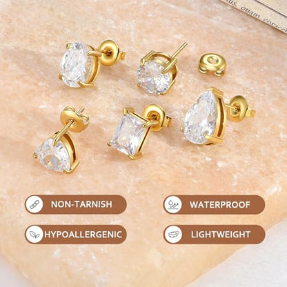 Oversized Bling Cubic Zirconia Stud Earrings Set, 5 Pairs Luxury 18K Real Gold Plated Stainless Steel Earrings, Waterproof Anti-Tarnish Hypoallergenic Ear Studs, Sparkling Jewelry for Women Teen Daily Wear Wedding Gifts