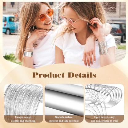 4PCS Chunky Cuff Bracelets Set for Women Hammered Chunky Bracelets Adjustable Open Wide Wire Bracelets Irregular Minimalist Coil Bangle Set Gold Silver Upper Arm Punk Jewelry - color: Silver C