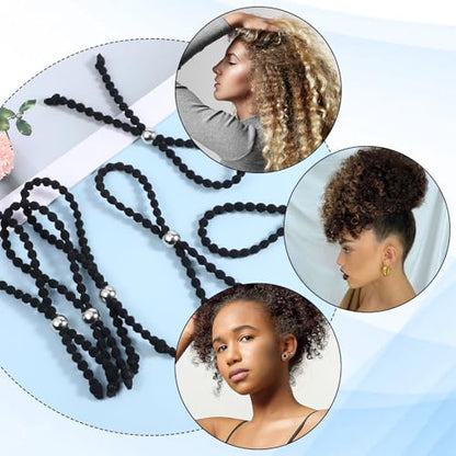 6 Piece Adjustable No-Slip Hair Ties Black Drawstring Hair Accessories Silk Soft Afro Puff Cuff Drawstring Ponytail Holders Satin Hairband Black Elastic Hairs Scrunchies for Curly Thick Heavy Hairs