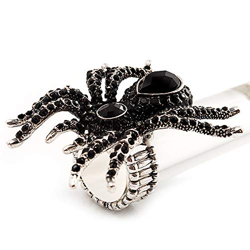 Avalaya Oversized Jet Black Crystal Spider Stretch Cocktail Ring (Silver Tone)