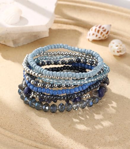 Noessla Boho Beaded Bracelets for Women Stackable Irregular Natural Stone Bead Stretch Bracelet Set 8PCS Costume Jewelry Gifts for Her - color: Navy Blue