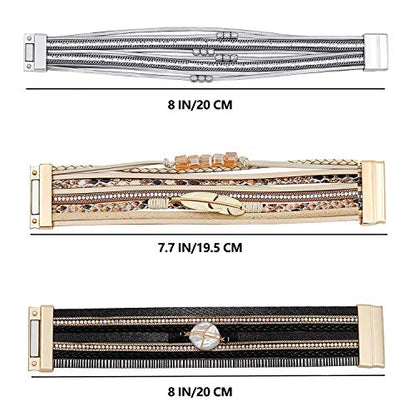 Wowanoo 3Pack Leather Cuff Bracelet Set Multilayer Wrap Bracelet Crystal Feather Tree Bracelet Magnetic Clasp Bracelet for Women - color: ThreeColor