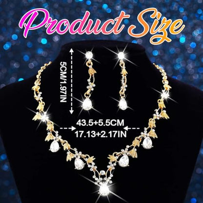Gold Rhinestone Jewelry Set Bridal Wedding Necklace Earrings Sets Prom Formal Costume Jewelry for Women and Brides - color: Gold