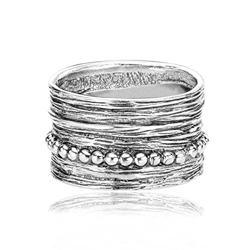 Jean Rachel Jewelry 925 Sterling Silver Wide Ring Multi Texture and Beads, Oxidized, Vintage Look Stylish Hypoallergenic, Nickel and Lead-free, Artisan Handcrafted Designer Collection (Size 5-11)