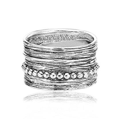 Jean Rachel Jewelry 925 Sterling Silver Wide Ring Multi Texture and Beads, Oxidized, Vintage Look Stylish Hypoallergenic, Nickel and Lead-free, Artisan Handcrafted Designer Collection (Size 5-11)