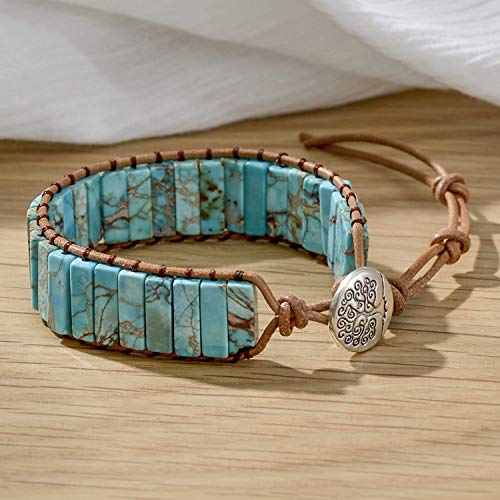 sedmart 7 Chakra Bracelets for Women with Real Stones Leather Wrap Healing Bead Bracelet Women Men Boho Friendship Jewelry - color: A9 Colorful tree button & Turquoise