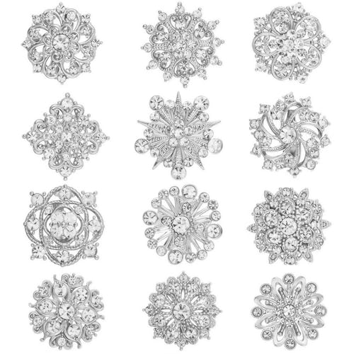 12Pcs Vintage Flower Brooches Set Crystal Rhinestone Brooches for Women Fashion Rhinestone Pins for Women DIY Bridal Wedding Bouquet Crafts - color: silver