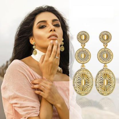 Boho Western Earrings for Women Western Feather Earrings Vintage Concho Turquoise Teardrop Dangle Earrings Country Concert Jewelry Accessories - style: Gold Oval Dangle