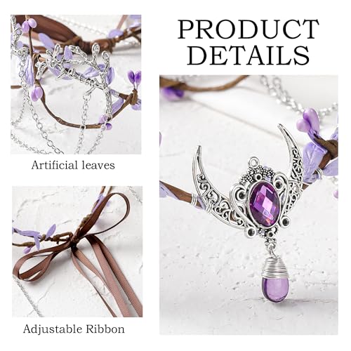 MOSTORY Woodland Elf Crown for Women - Medieval Elf Headpiece with Tassel for Renaissance Renfaire Fae Cosplay Viking Outfit - color: Purple-silver