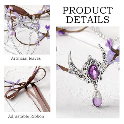 MOSTORY Woodland Elf Crown for Women - Medieval Elf Headpiece with Tassel for Renaissance Renfaire Fae Cosplay Viking Outfit - color: Purple-silver