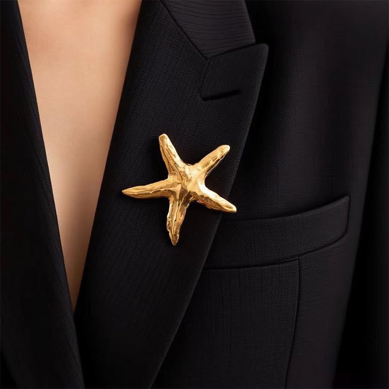 Textured Starfish Brooch Pin Minimalist Metal Lapel Pin Decorative Accessory for Jackets, Scarves & Dresses (Gold)
