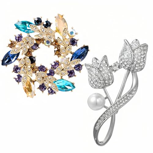 2pcs Rhinestone Brooch Pin for Women Dress Elegant Stylish Crystal Brooches Fashion Accessories Pins Lapel Boutonniere Ideas Wedding Christmas Birthday Jewelry Easter Gift - color: 09 Blue Colorful/Silver