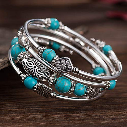 BULINLIN Layered Wrap Bangle Turquoise Bracelet - Bead Bracelet with Natural Agate Stone, Gifts For Women - color: 01-Turquoise