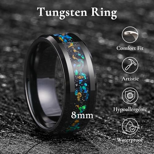 King Will Mens Wedding Band with Foils Inlay, Black/Silver/Gold Beveled Edge Glowstone Ring, 6mm/8mm Tungsten Carbide Rings Comfort Fit - color: Black&Opal-8mm