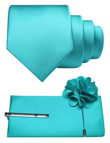 JEMYGINS Formal Necktie Solid Color Tie and Pocket Square with Tie Clip Lapel Pin Sets for Men 4PCS - color: Turquoise