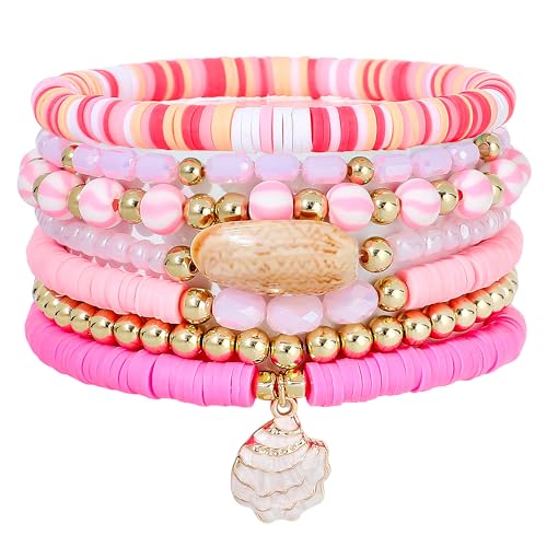 Summer Surfer Heishi Bracelet Set for Women Stackable Gold Plated Clay Ploymer Bead Stretch Pink Beach Layering Bracelets Jewelry - color: A-Pink Watermelon shell charm 7pcs